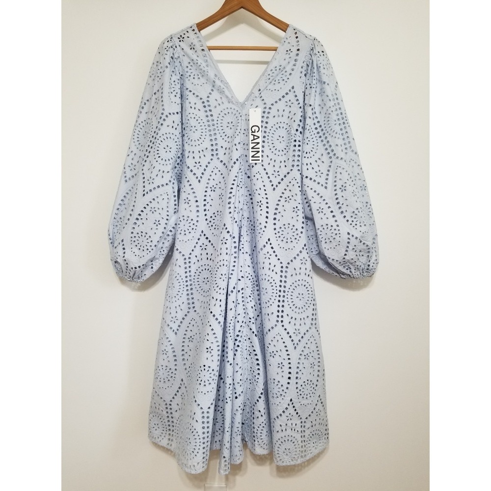 NWT GANNI Broderie Anglaise Eyelet Lace Midi Dress Light Blue EU 32/ US 0 $475 - Picture 7 of 16